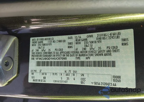 2017 Ford Escape Se из США, поврежденный, VIN 1FMCU9GD1HUC67095